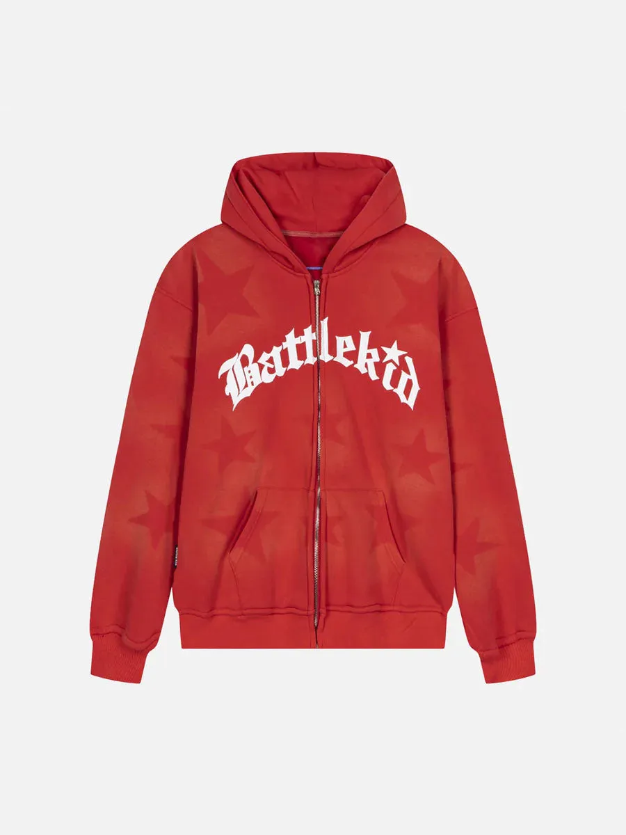 1984 Star Letter Print Zipper Hoodie Jacket - 1540