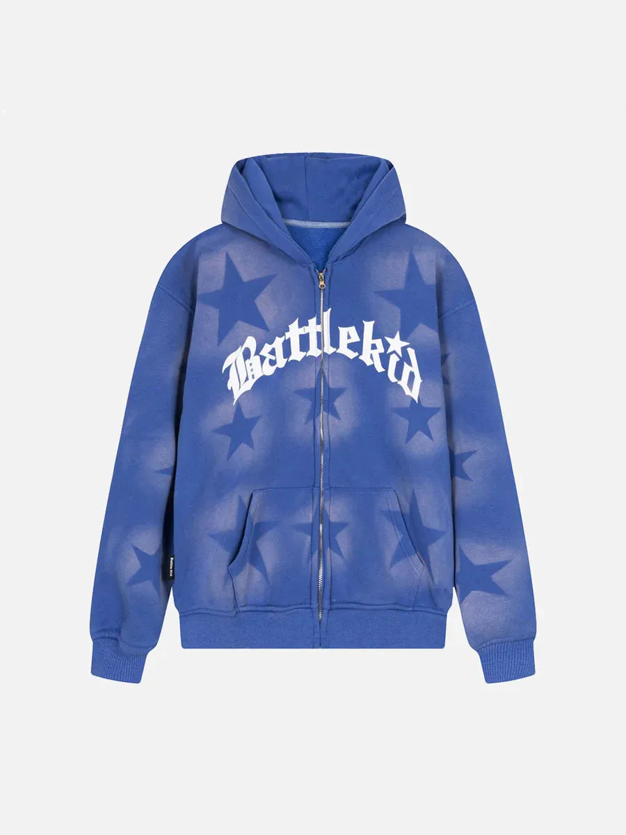 1984 Star Letter Print Zipper Hoodie Jacket - 1540