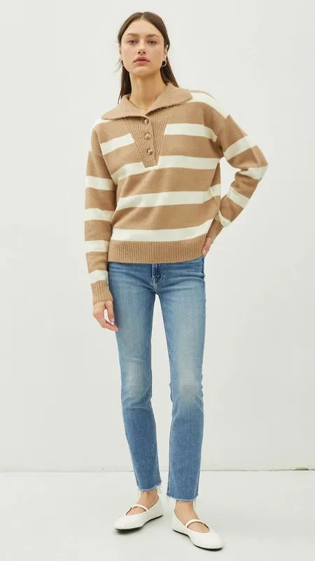 Stripe Half Button Collar Sweater