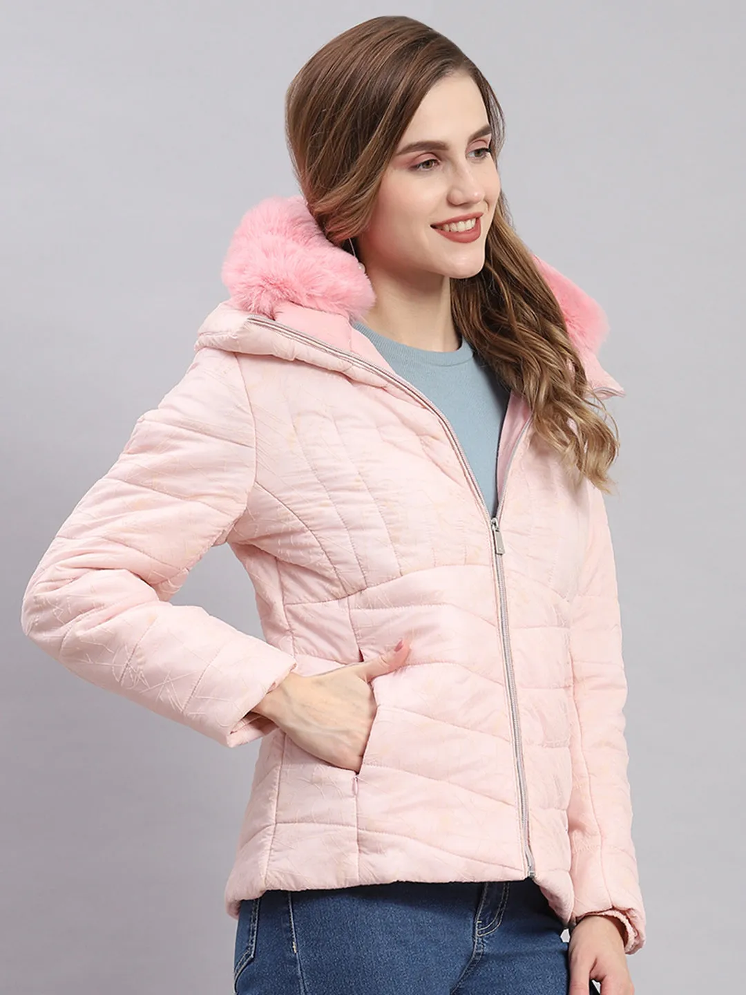 Women Pink Printed Spread Collar Full Sleeve Jackets